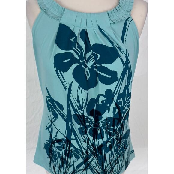 The Limited Medium Green Sleeveless Top Tropical Blue Floral Stretch Polyester - Picture 2 of 8